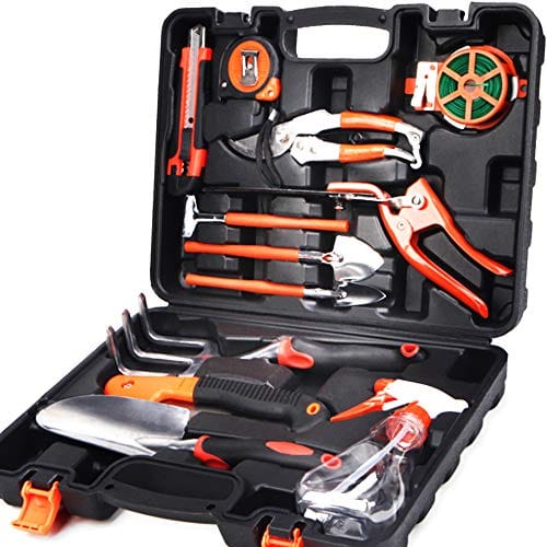 Scuddles Garden Tools Set - 12 Piece Heavy Duty Gardening Tools with Storage Organizer, Ergonomic Hand Digging Weeder, Rake, Shovel, Trowel, Sprayer, Gloves Gift for Men & Women