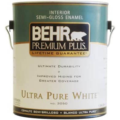 BEHR Premium Plus 1 gal. Ultra Pure White Semi-Gloss Enamel Zero VOC Interior Paint and Primer in One