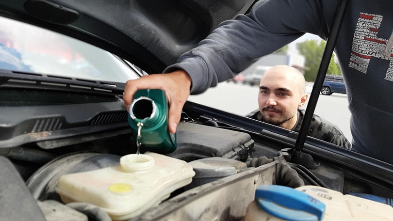 Car Mechanic Putting Car Oil