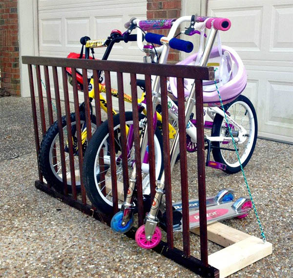 DIY Crib Rail Bike Rack from Kelly Leigh Creates