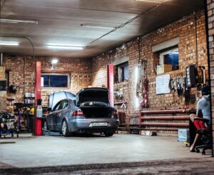 garage with brick walls