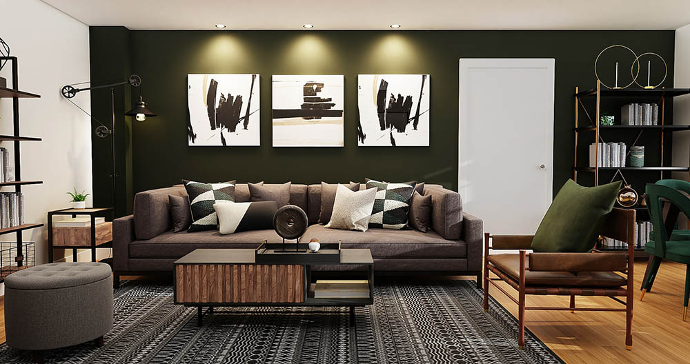 living room with black accent wall