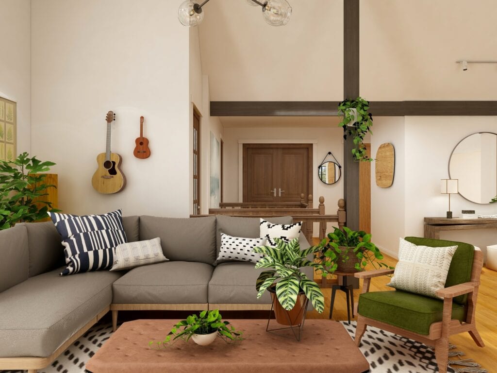 living room with gray sofa