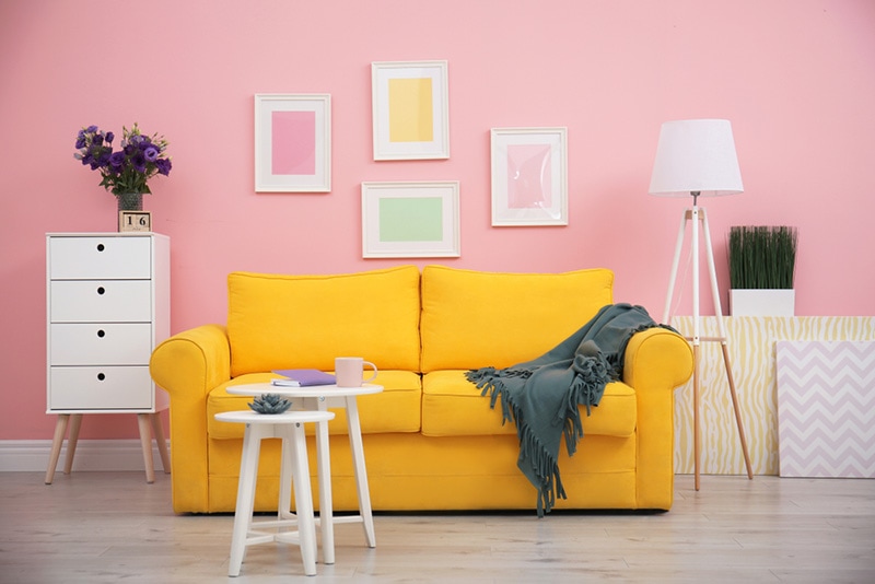 Modern living room interior with comfortable yellow sofa near color wall