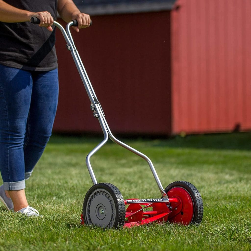person using Great States 304-14 14-Inch 5-Blade Push Reel Lawn Mower