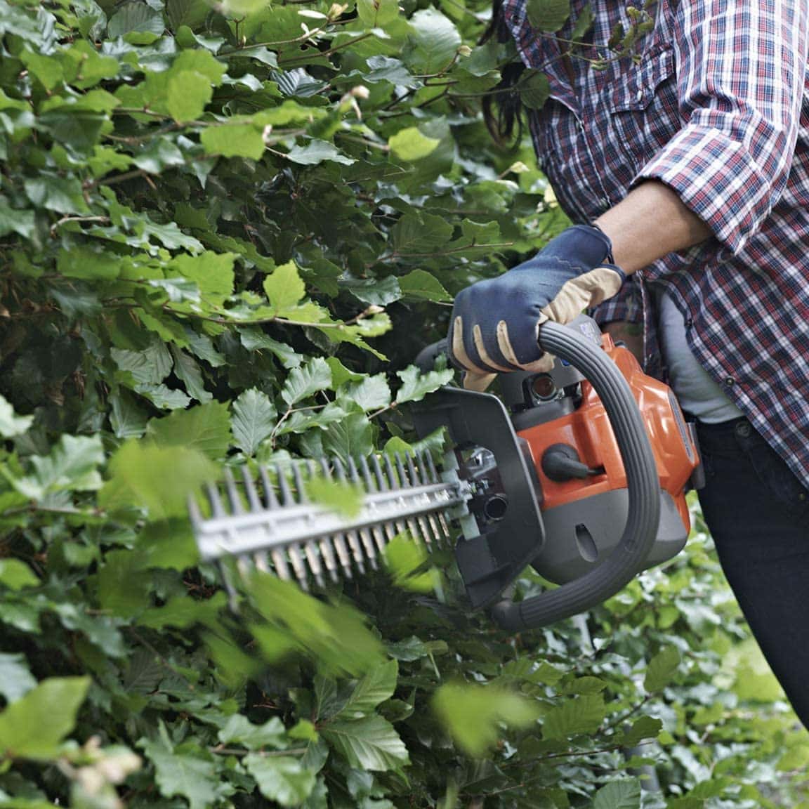person using Husqvarna 122HD60 Dual Action Hedge Trimmer
