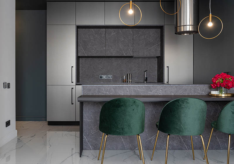 Stylish interior design of kitchen with furniture
