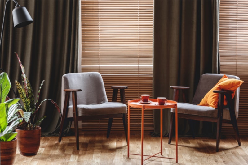 Vintage armchairs, orange coffee table