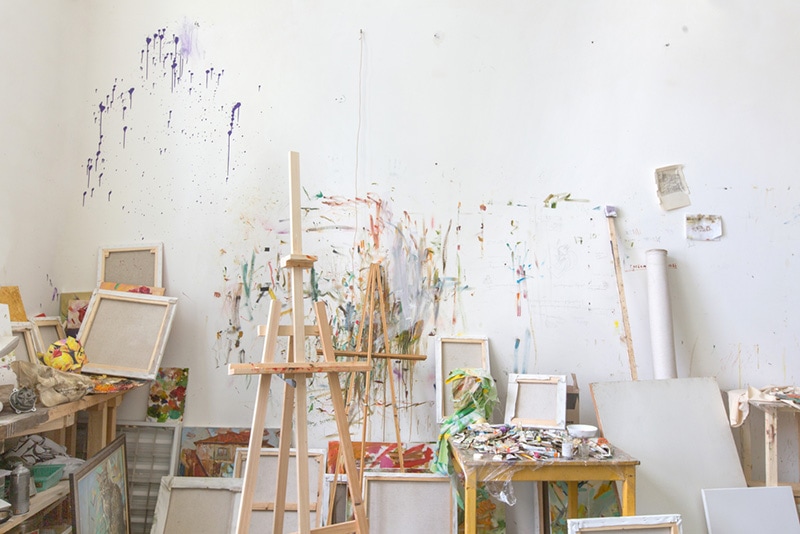 Wall in the artist's studio interior, workshop
