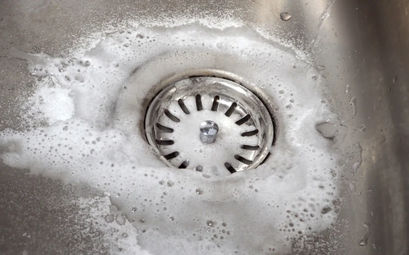 drain sink bubbling from combination of baking soda and liquid