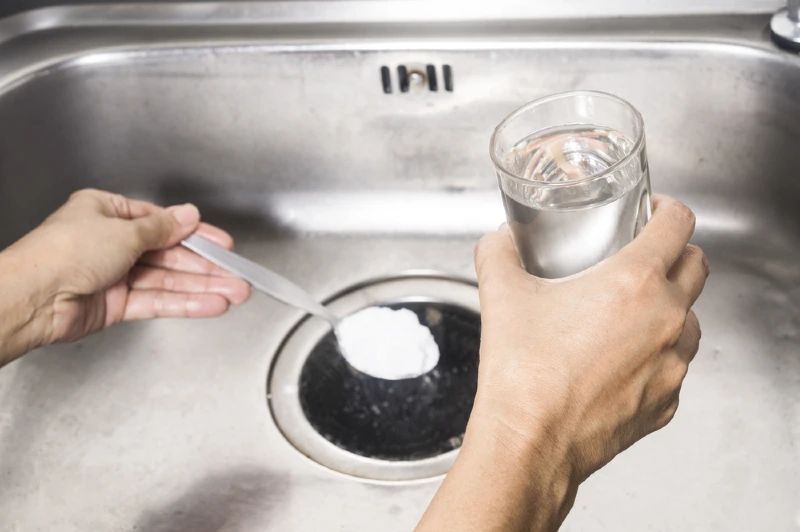 person holding glass of vinegar while pouring baking soda down the drain