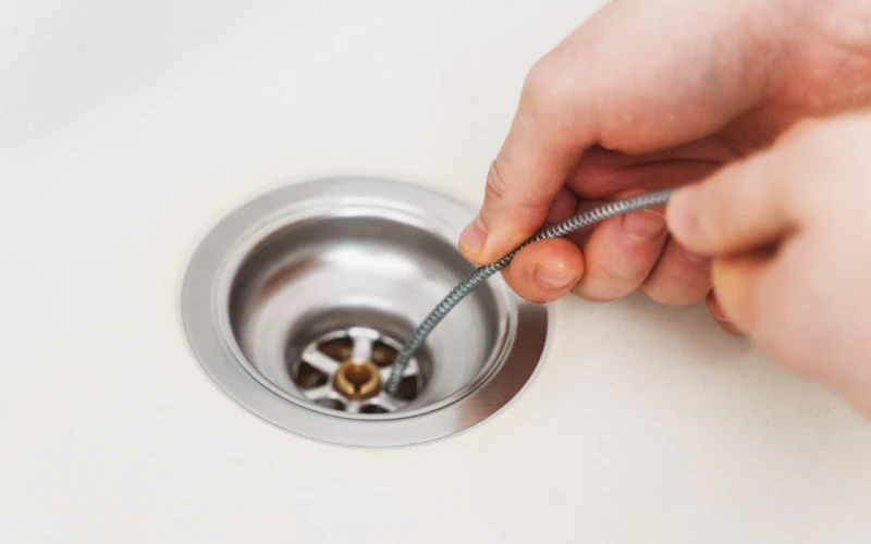 person using drain snake to unclog sink