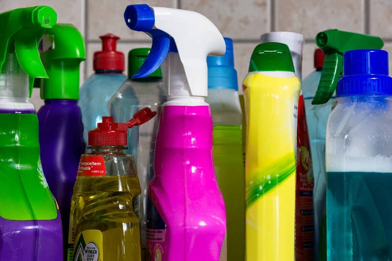 various cleaning supplies and detergents