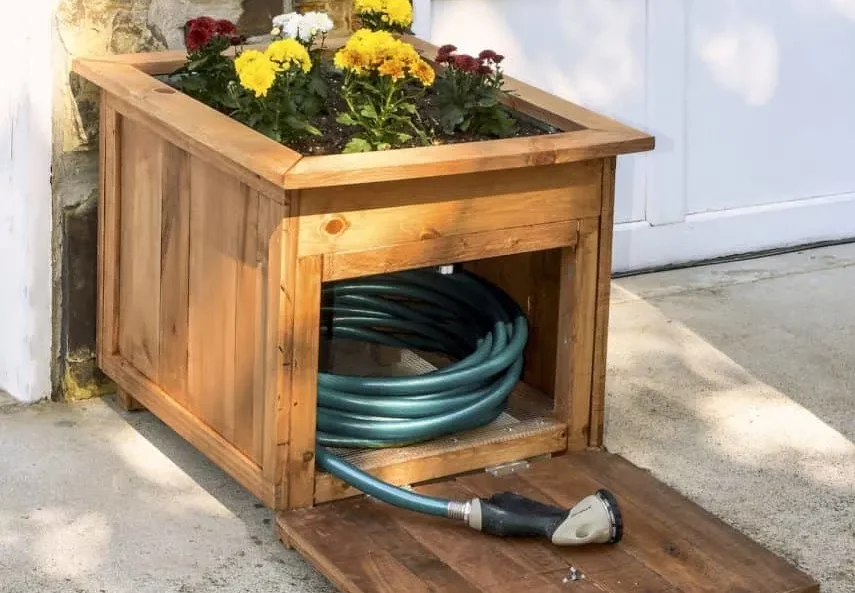 Wood hose caddy with planter